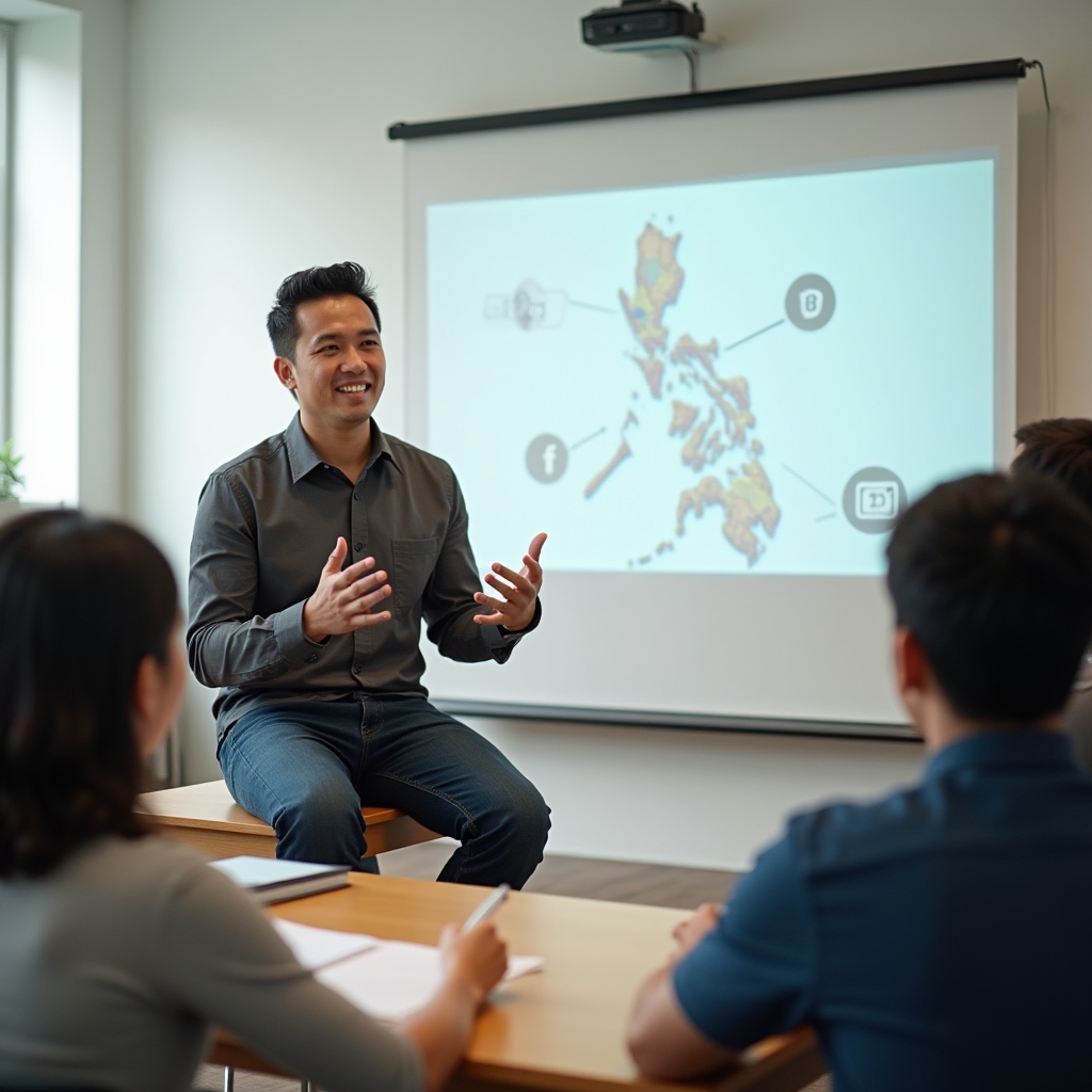 SwiftScale Digital instructor explaining social media strategy to a small group of Filipino entrepreneurs in a bright classroom
