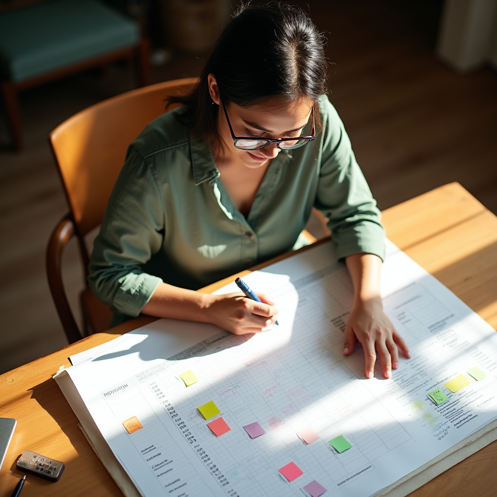 Business owner creating a monthly content calendar on paper with color-coded posts for Facebook and Instagram