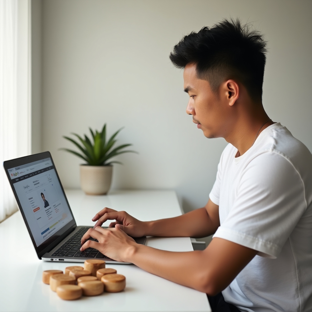 Filipino entrepreneur writing an optimized product listing for Shopee on a laptop with sample products arranged nearby
