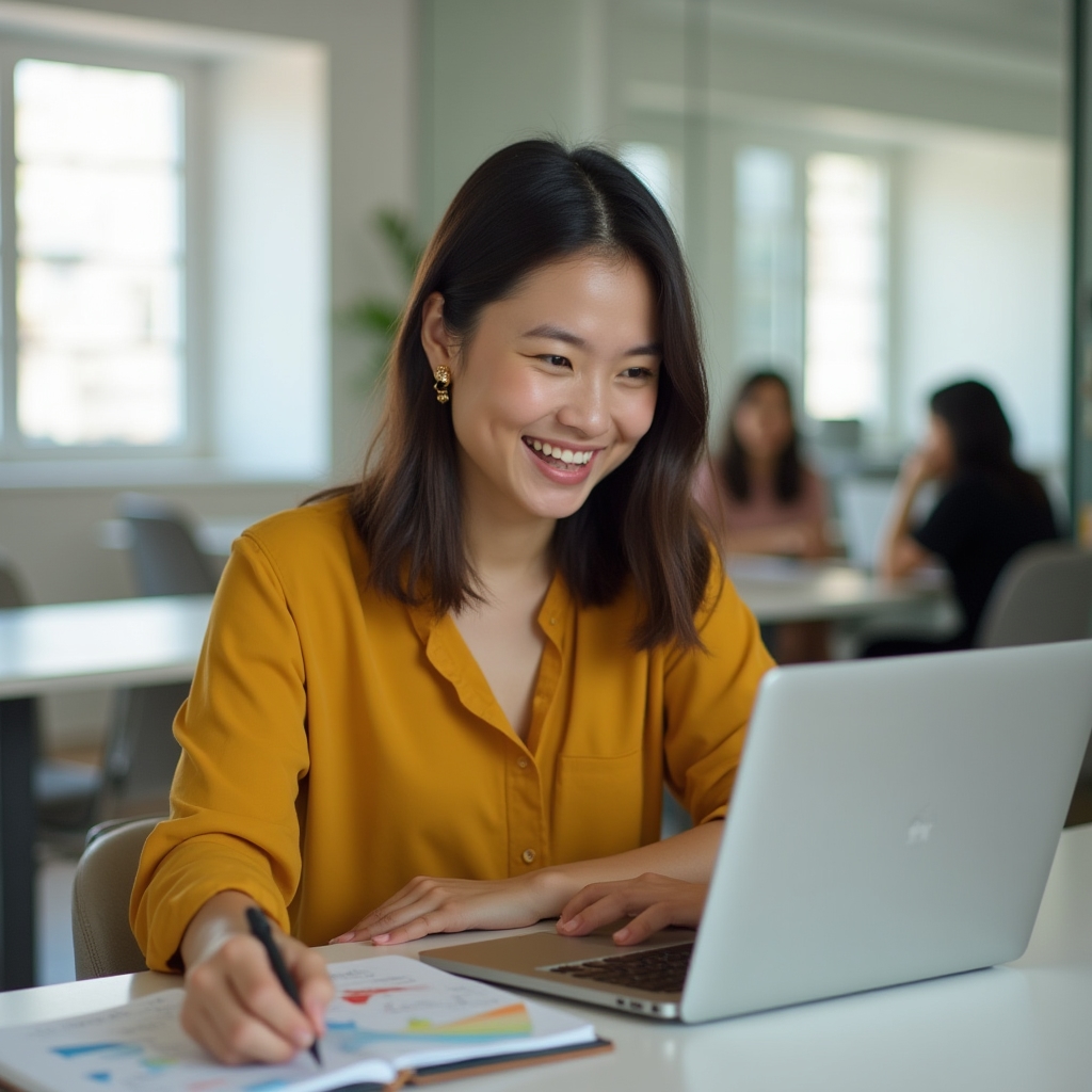 Young Filipino fresh graduate woman smiling at laptop in a bright co-working space, reviewing digital marketing course material